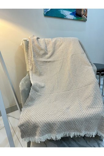 Divaldi Pamuklu - Polyester Kanvas Saçaklı Süngersiz Armürlü Bej Tekli Koltuk Örtüsü 170x210 cm
