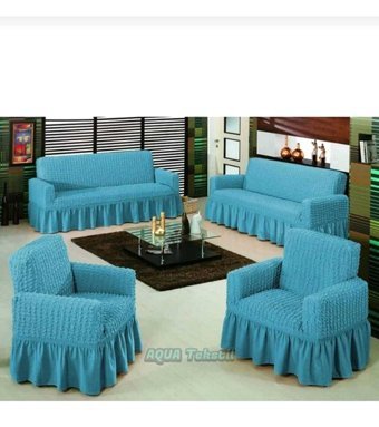Akbu Pamuklu - Polyester Bürümcük Fırfırlı Süngersiz Giydirmeli Lastikli Turkuaz Dörtlü Koltuk Örtüsü 183x230 cm