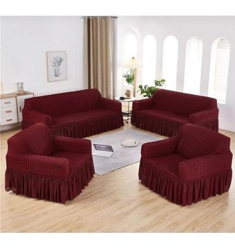 Özmakan Pamuklu - Polyester Bürümcük Jakarlı Süngersiz Düz Giydirmeli Bordo Üçlü Koltuk Örtüsü 180x230 cm
