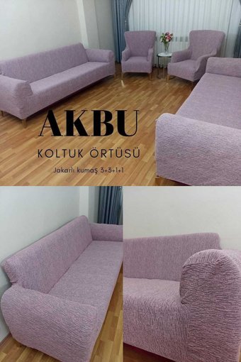 Akbu Polyester Süngersiz Çubuk Desenli Giydirmeli Lastikli Pembe Dörtlü Koltuk Örtüsü 180x230 cm