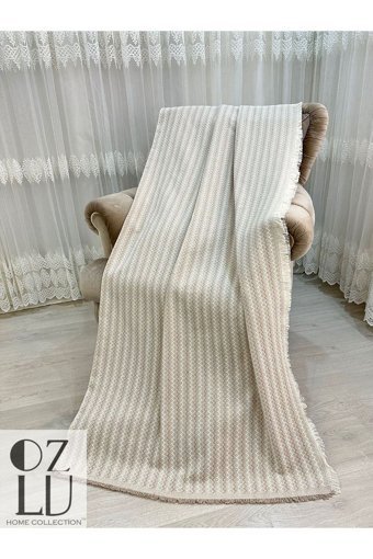 Özlü Home Pamuklu Örgü Saçaklı Süngersiz Çizgili Bej Tekli Koltuk Örtüsü 170x210 cm