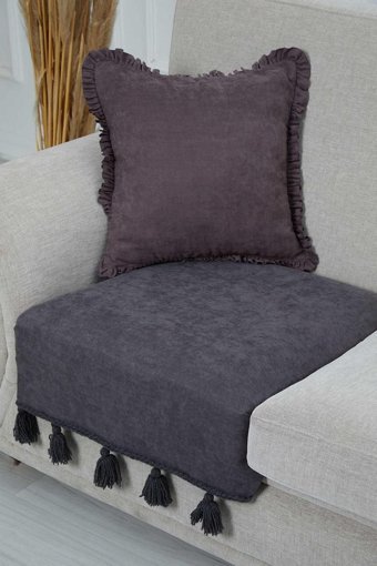 Aisha's Design KO-26-T Polyester Örgü Püsküllü Süngersiz Düz Kahverengi Tekli Koltuk Örtüsü 90x75 cm