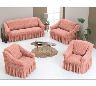 Uytm Pamuklu - Polyester Likralı Drapeli Süngerli Çiçek Desenli Giydirmeli Pembe Dörtlü Koltuk Örtüsü 80x120 cm
