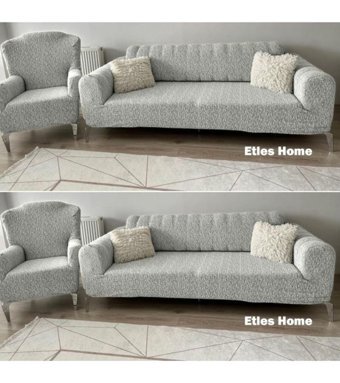 Etles Home Pamuklu - Polyester Likralı Jakarlı Süngersiz Armürlü Giydirmeli Bej Sekizli Koltuk Örtüsü 180x230 cm