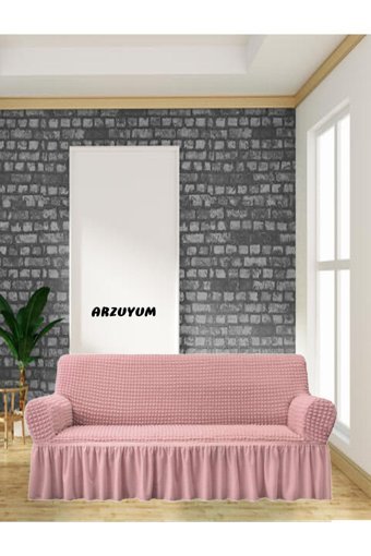 Arzuyum Polyester Bürümcük Fırfırlı Süngersiz Armürlü Giydirmeli Lastikli Pembe Tekli Koltuk Örtüsü 84x203 cm