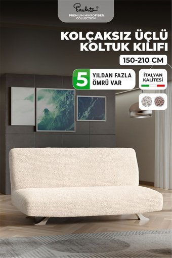Paulato Mikrofiber Likralı Jakarlı Süngersiz Çizgili Giydirmeli Bej Üçlü Koltuk Örtüsü 160x240 cm