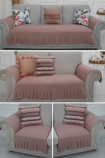 Aisha's Design KTK-9 Polyester Örgü Pileli Süngersiz Düz Pembe Dörtlü Koltuk Örtüsü 34x48 cm
