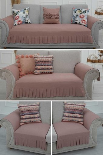 Aisha's Design KTK-9 Polyester Örgü Pileli Süngersiz Düz Pembe Dörtlü Koltuk Örtüsü 34x48 cm