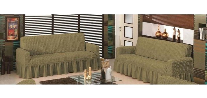 Altın Kelebek Polyester Bürümcük Fırfırlı Süngersiz Giydirmeli Lastikli Haki İkili Koltuk Örtüsü 140x180 cm