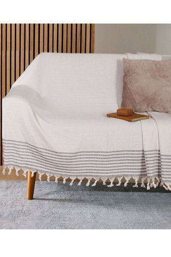 Bumedo Pamuklu Kanvas Püsküllü Süngersiz Armürlü Bej Üçlü Koltuk Örtüsü 170x210 cm