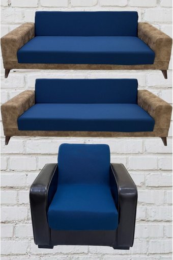 Şahane Ev Mikro Polyester Likralı Jakarlı Süngersiz Düz Giydirmeli Lastikli Mavi Üçlü Koltuk Örtüsü 75x55 cm