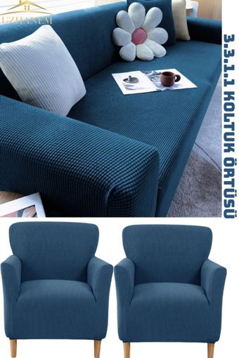 Uzhanem Pamuklu - Polyester Bürümcük-Likralı Süngerli Armürlü Giydirmeli Mavi Dörtlü Koltuk Örtüsü 180x230 cm