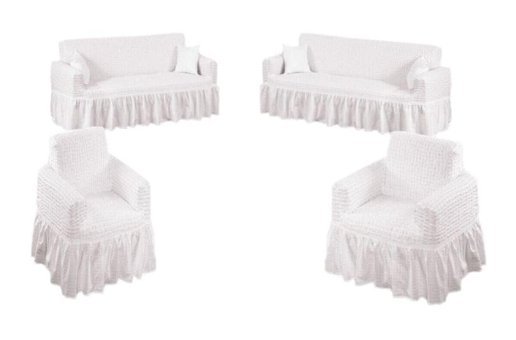 Nera Home Pamuklu - Polyester Bürümcük Fırfırlı Süngersiz Geometrik Desenli Giydirmeli Beyaz Dörtlü Koltuk Örtüsü 183x230 cm