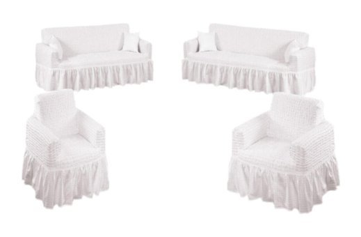 Nera Home Pamuklu - Polyester Bürümcük Fırfırlı Süngersiz Geometrik Desenli Giydirmeli Beyaz Dörtlü Koltuk Örtüsü 183x230 cm
