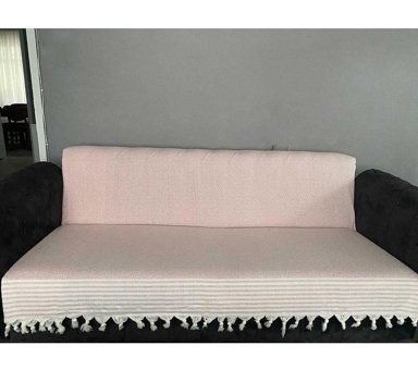 Coperta Pamuklu Kanvas Püsküllü Süngersiz Armürlü Pembe Üçlü Koltuk Örtüsü 170x220 cm