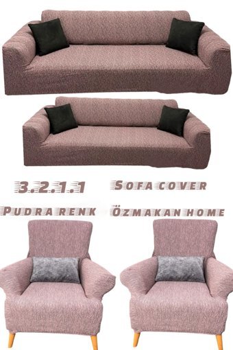 Özmakan Likralı Jakarlı Süngersiz Çizgili Giydirmeli Pembe Dörtlü Koltuk Örtüsü 180x230 cm