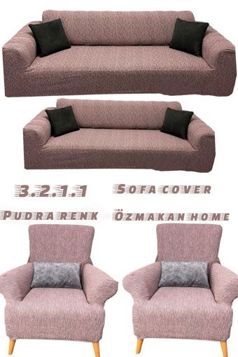 Özmakan Likralı Jakarlı Süngersiz Çizgili Giydirmeli Pembe Dörtlü Koltuk Örtüsü 180x230 cm
