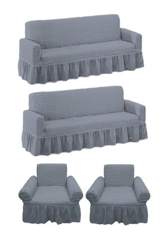 Heytgah Polyester Bürümcük-Likralı Fırfırlı Süngersiz Kapitone Giydirmeli Gri 3-3-1-1 Koltuk Örtüsü 80x120 cm
