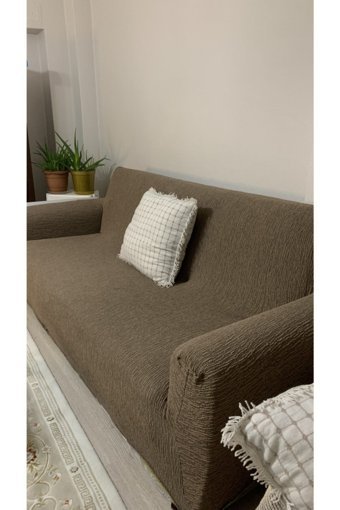 Mahperi Home Pamuklu - Polyester Jakarlı Süngersiz Çizgili Giydirmeli Kahverengi Dörtlü Koltuk Örtüsü 180x230 cm
