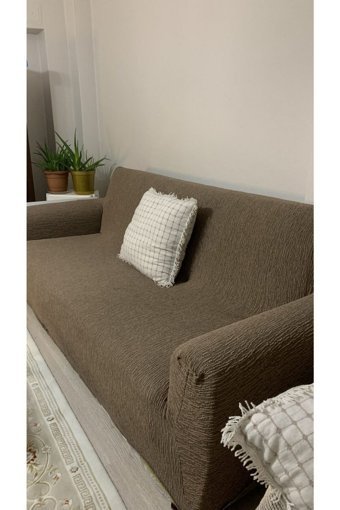 Mahperi Home Pamuklu - Polyester Jakarlı Süngersiz Çizgili Giydirmeli Kahverengi Dörtlü Koltuk Örtüsü 180x230 cm