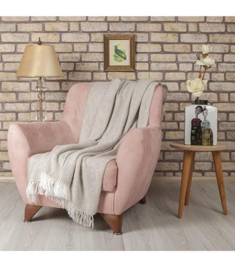Betires Home Püsküllü Süngersiz Bej Tekli Koltuk Örtüsü 130x170 cm