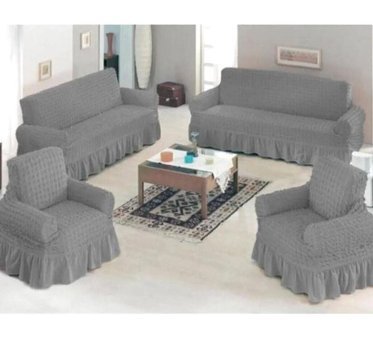 Heytgah Pamuklu - Polyester Bürümcük Fırfırlı Süngersiz Kapitone Giydirmeli Gri 3-2-1-1 Koltuk Örtüsü 180x230 cm