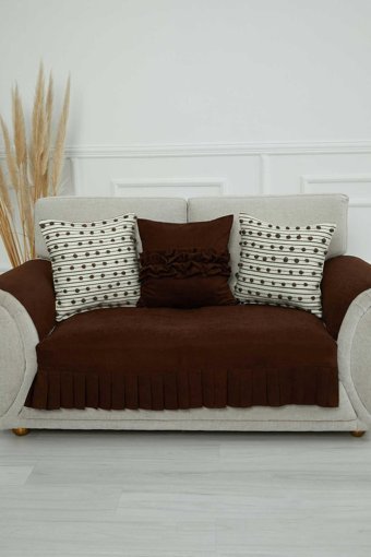 Aisha's Design KTK-4 Polyester Örgü Pileli Süngersiz Düz Kahverengi İkili Koltuk Örtüsü 34x48 cm