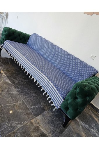 İsmail Gürel Pamuklu Püsküllü Süngersiz Geometrik Desenli Mavi Tekli Koltuk Örtüsü 175x210 cm