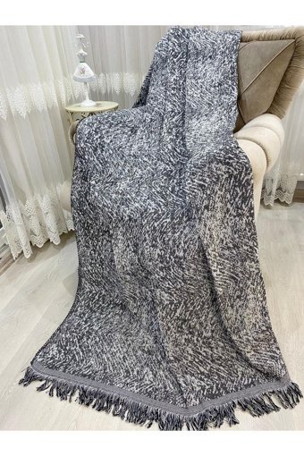 Özlü Home Pamuklu Örgü Saçaklı Süngersiz Çizgili Siyah Tekli Koltuk Örtüsü 170x220 cm