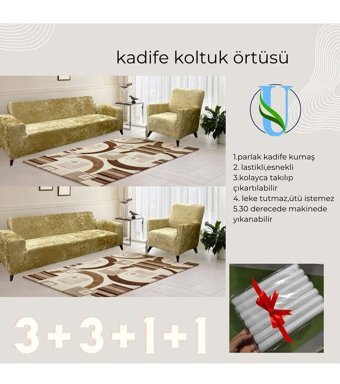 Uy Style Tekstil Kadife Süngerli Armürlü Giydirmeli Kahverengi Dörtlü Koltuk Örtüsü 180x230 cm
