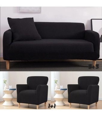 Güzel Aral Pamuklu - Polyester Süngersiz Düz Giydirmeli Siyah 3-3-1-1 Koltuk Örtüsü 180x220 cm