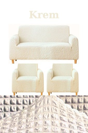 Furkanticaret Polyester Bürümcük Süngersiz Kapitone Giydirmeli Krem Üçlü Koltuk Örtüsü 180x230 cm