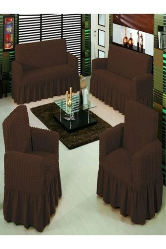 Eldost Ticaret Polyester Bürümcük Jakarlı Süngersiz Armürlü Giydirmeli Kahverengi Sekizli Koltuk Örtüsü 180x230 cm