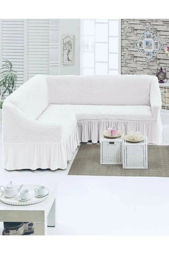 Uytm Polyester Bürümcük-Likralı Drapeli Süngerli Çizgili Giydirmeli Beyaz Tekli Koltuk Örtüsü 180x350 cm