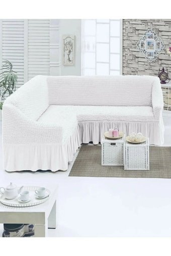 Uytm Polyester Bürümcük-Likralı Drapeli Süngerli Çizgili Giydirmeli Beyaz Tekli Koltuk Örtüsü 180x350 cm