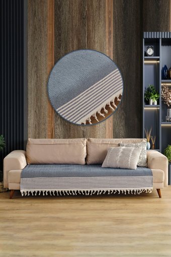 Vagonik Sofia Pamuklu Polar Saçaklı Süngersiz Düz Lacivert Tekli Koltuk Örtüsü 115x201 cm
