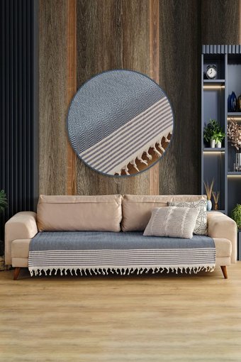 Vagonik Sofia Pamuklu Polar Saçaklı Süngersiz Düz Lacivert Tekli Koltuk Örtüsü 115x201 cm