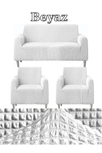 Iydgah Polyester Bürümcük Fırfırlı Süngersiz Kapitone Giydirmeli Krem Üçlü Koltuk Örtüsü 110x150 cm