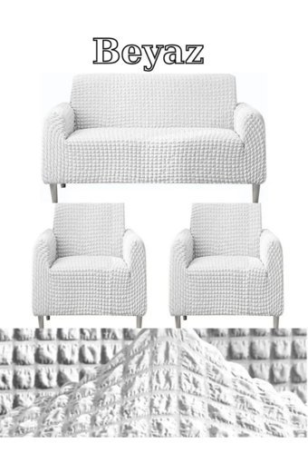 Iydgah Polyester Bürümcük Fırfırlı Süngersiz Kapitone Giydirmeli Krem Üçlü Koltuk Örtüsü 110x150 cm