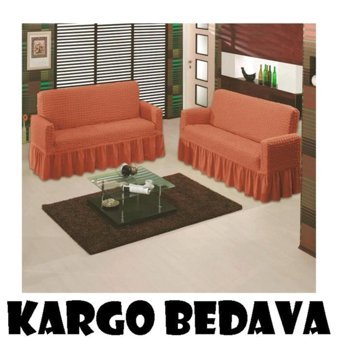 Altın Kelebek Pamuklu - Polyester Bürümcük Fırfırlı Süngersiz Giydirmeli Lastikli Turuncu İkili Koltuk Örtüsü 140x180 cm