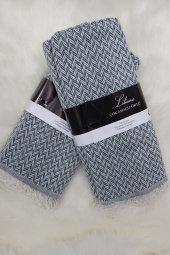 Zerif Home Pamuklu - Polyester Polar Saçaklı Süngersiz Geometrik Desenli Lacivert Tekli Koltuk Örtüsü 170x210 cm