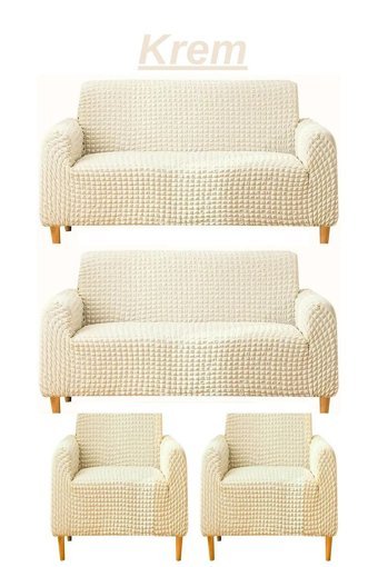 Kırören Polyester Bürümcük Fırfırlı Süngersiz Düz Giydirmeli Bej Dörtlü Koltuk Örtüsü 180x230 cm