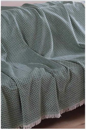İhc Home Pamuklu - Polyester Saçaklı Süngersiz Zikzaklı Turkuaz Tekli Koltuk Örtüsü 170x210 cm