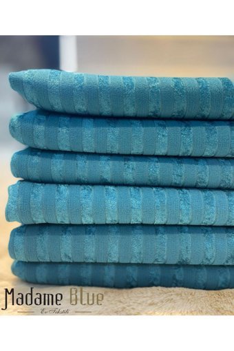 Madame Blue Kadife Nubuk Süngerli Çizgili Turkuaz Tekli Koltuk Örtüsü 170x210 cm