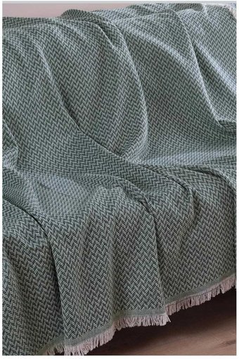 İhc Home Pamuklu - Polyester Saçaklı Süngersiz Zikzaklı Turkuaz Tekli Koltuk Örtüsü 170x210 cm