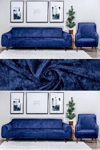 Seltenet Kadife Likralı Jakarlı Süngersiz Çiçek Desenli Giydirmeli Su Geçirmez Lacivert Dörtlü Koltuk Örtüsü 180x230 cm