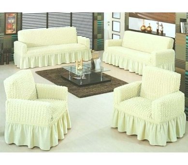 Altın Kelebek Polyester Bürümcük Fırfırlı Süngersiz Giydirmeli Lastikli Bej Dörtlü Koltuk Örtüsü 180x230 cm