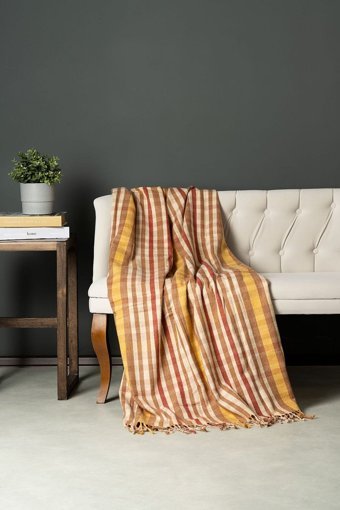 Soley Checked Akrilik Polar Saçaklı Süngersiz Çizgili Kahverengi Tekli Koltuk Örtüsü 130x170 cm