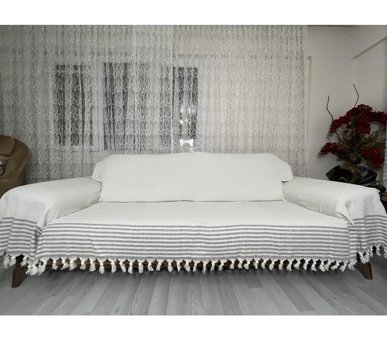 Nasır Home Pamuklu Püsküllü Süngersiz Çizgili Ekru Tekli Koltuk Örtüsü 180x300 cm