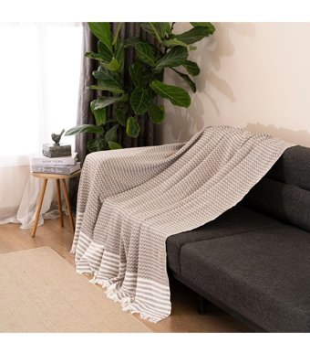 Dafne Moda Naturel Pamuklu Kanvas Püsküllü Süngersiz Armürlü Kahverengi Üçlü Koltuk Örtüsü 170x210 cm